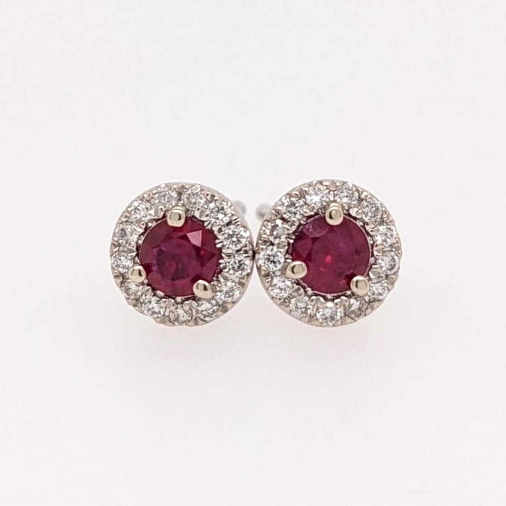 Madagascar Ruby Stud Earrings With Diamond Halo In 14k White Gold